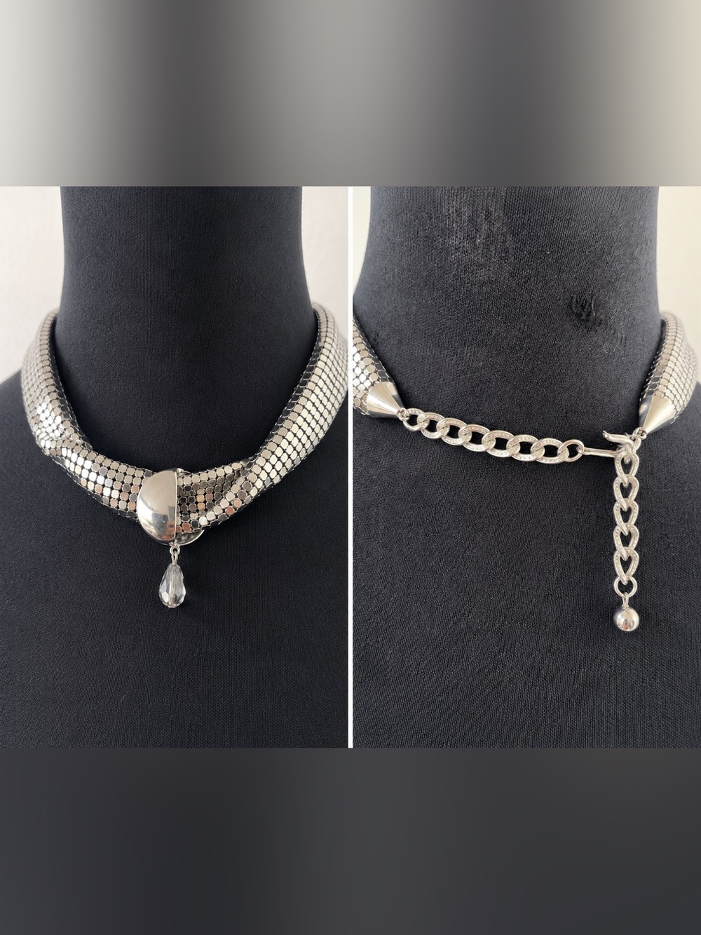 Silver Mesh Chainmail Collar Choker Necklace Crystal Drop Statement Y2K